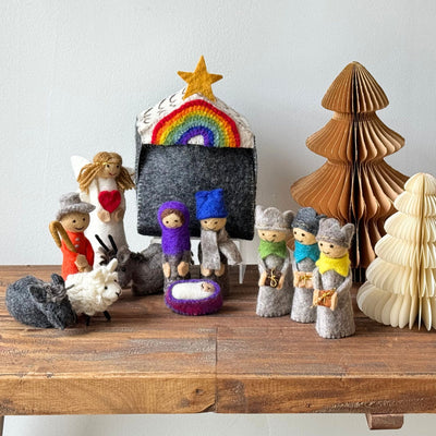 Rainbow Hand-stitched Felt Nativity Set with Storage Barn (12 Pieces)