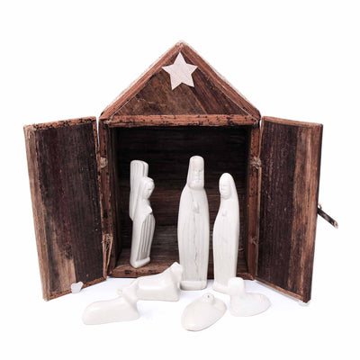 Kenya Soapstone Nativity Set and Banana Fiber Barn, 13-piece Set