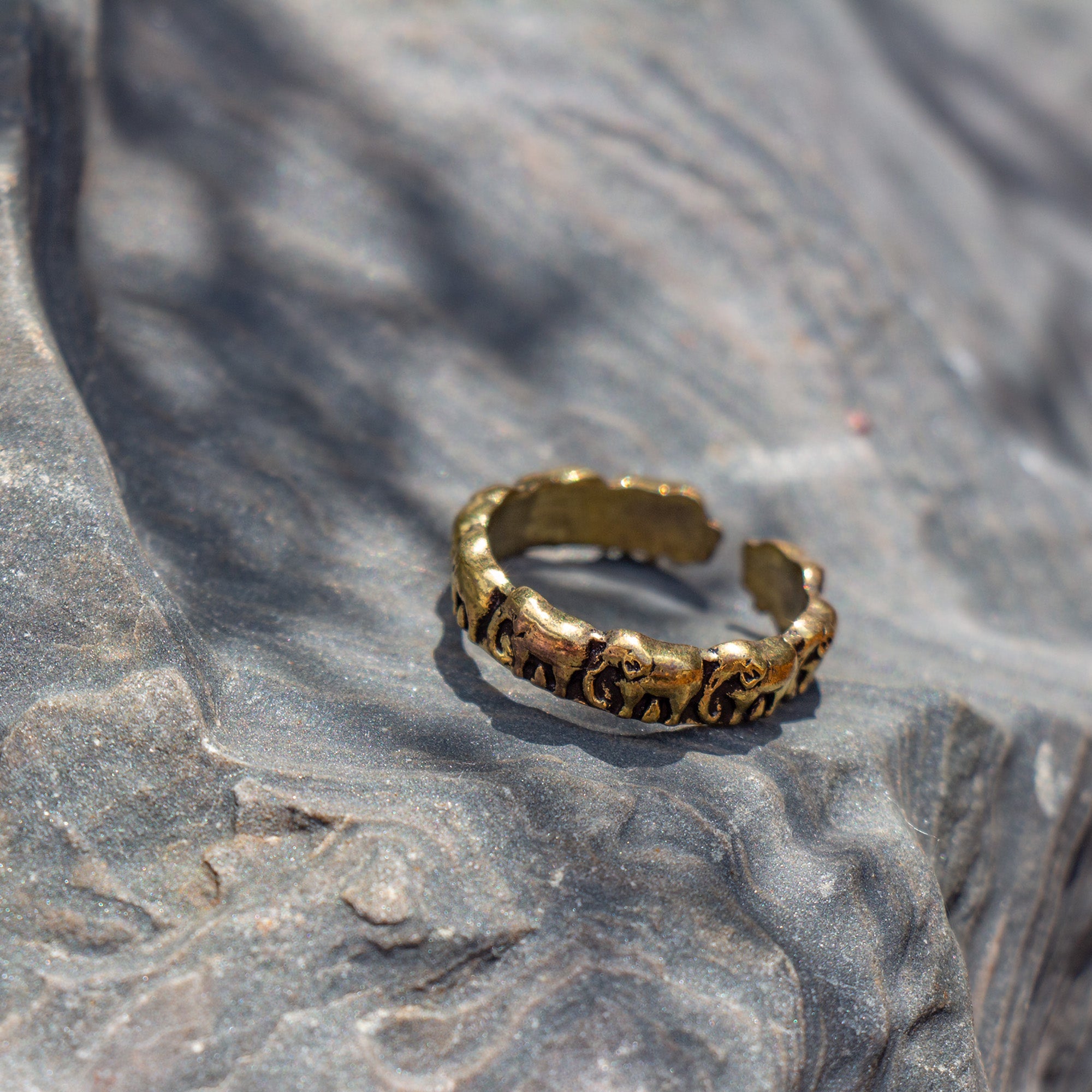 Handmade Embossed Elephant Band Ring in Antique Gold Brass