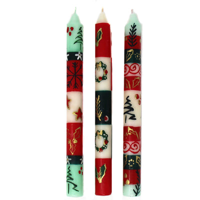 Unscented Christmas Hand-Painted Dinner Candles, Boxed Set of 3 (Ukhisimusi Design)