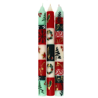 Unscented Christmas Hand-Painted Dinner Candles, Boxed Set of 3 (Ukhisimusi Design)
